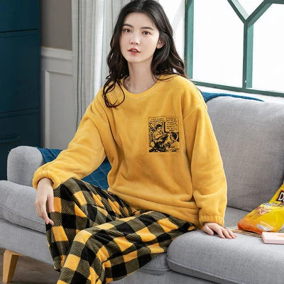 Winter New Women's Flannel Warm Long Sleeve Pajamas Set Cute Leisure Women Sleepwear Set Gold Velvet Grils Pyjamas Homewear