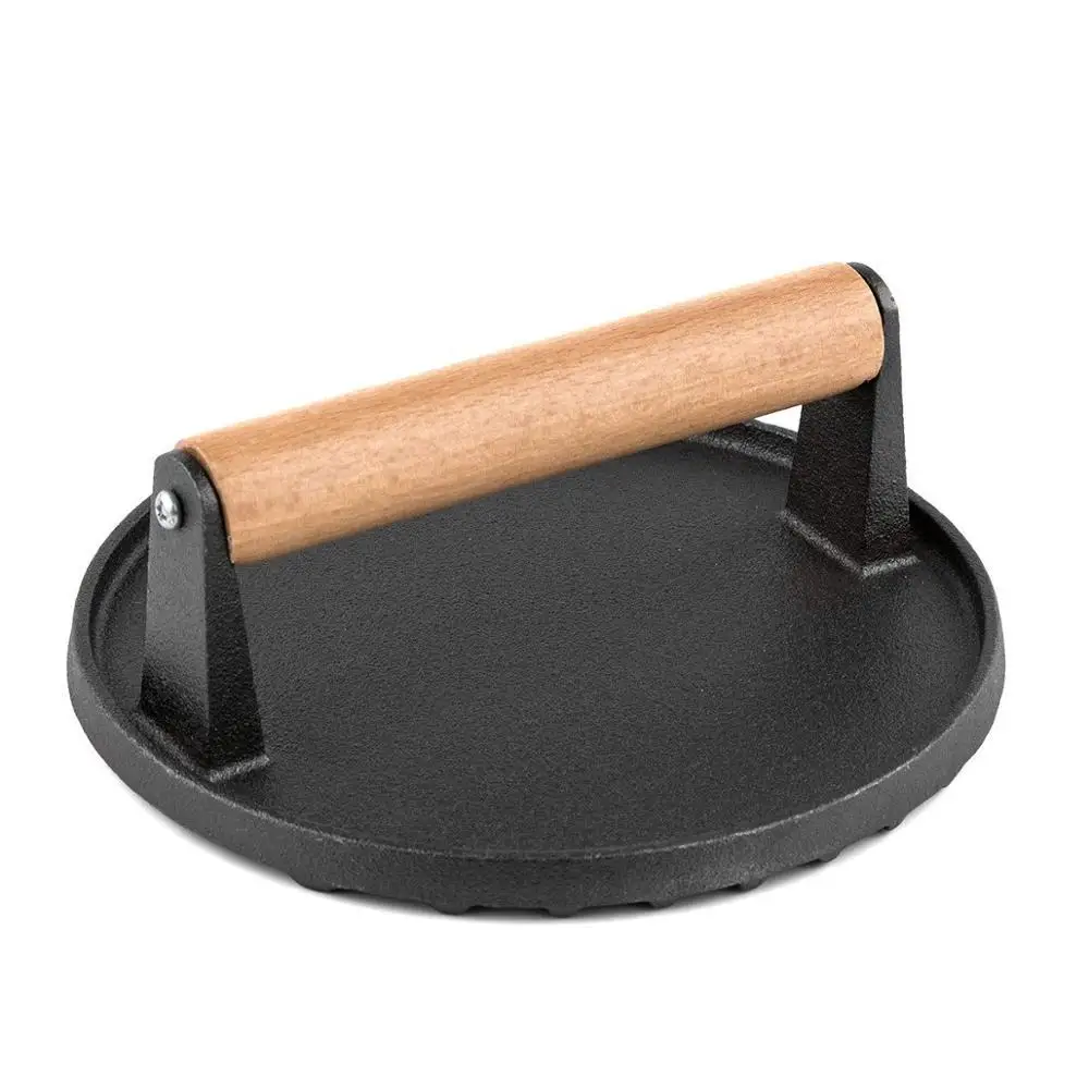 

Round big BBQ tool Cast iron Wooden Handle Steak Plate Meat Press Grill meat squid Fried steak barbecue Meat pressing board