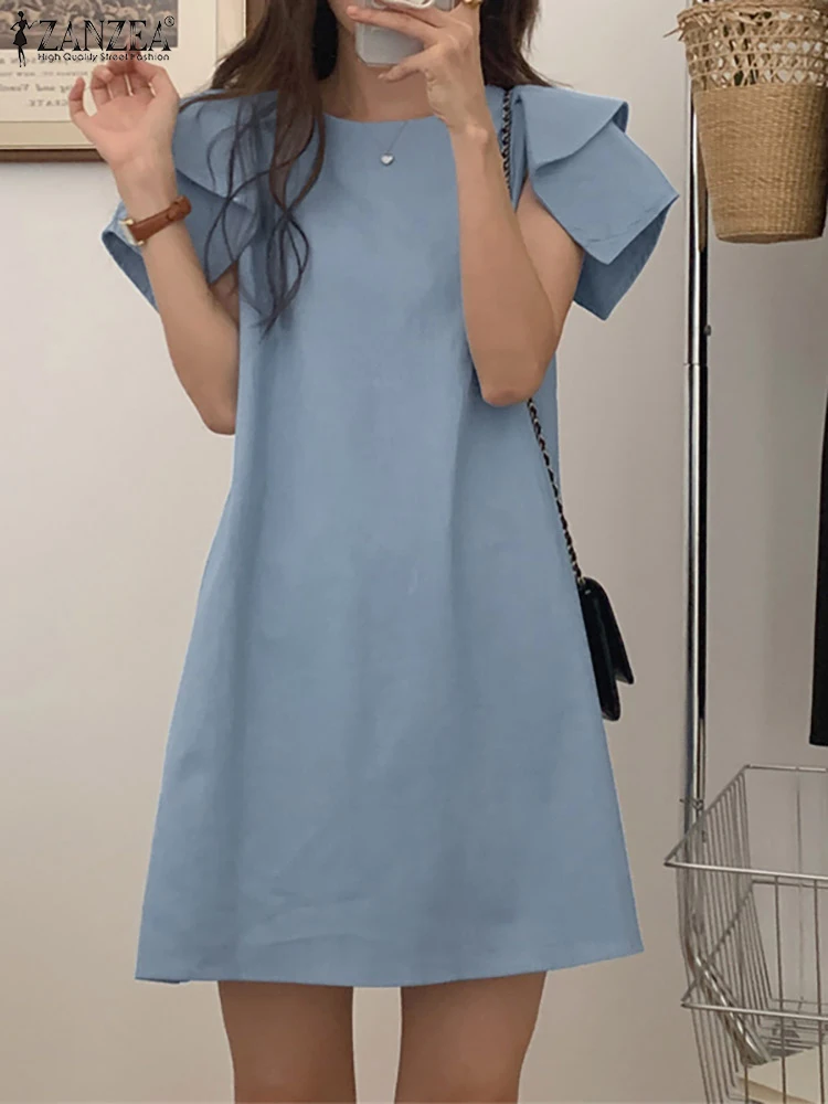 

2022 ZANZEA Fashion Summer Dress Women Casual O Neck Short Sleeve Solid Knee-length Sundress Loose Party Vestidos Robe Femme