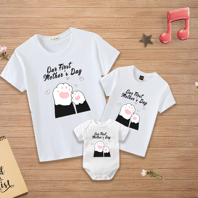 Our First Mothers Day Matching Outfits Mother Daughter Son Tshirt Mommy Baby Girl Boy Bodysuit  Women Tee Shirt Toddler Onesie