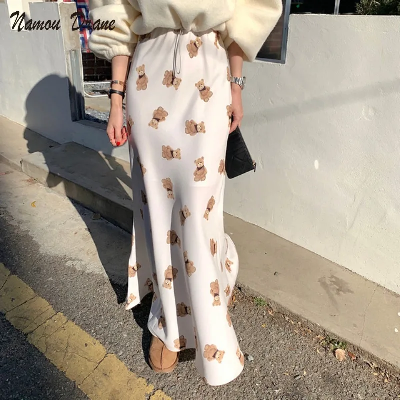 

Namou Drane Korean Cartoon Bear Printed Mermaid Skirt Drawstring Stretch High Waist Women Skirt Causal Fashion Mujer Faldas
