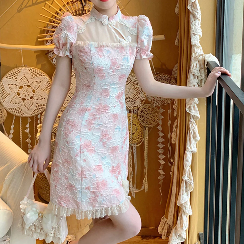 Женское винтажное платье с цветочным принтом, кружевное лоскутное платье с рукавами-фонариками, Повседневное платье с разрезом для вечерние, Новинка лета 2022 Женское винтажное платье с цветочным принтом, кружевное лоскутное платье с рукавами-фонариками, Повседневное платье с разрезом для вечерние, Новинка лета 2022