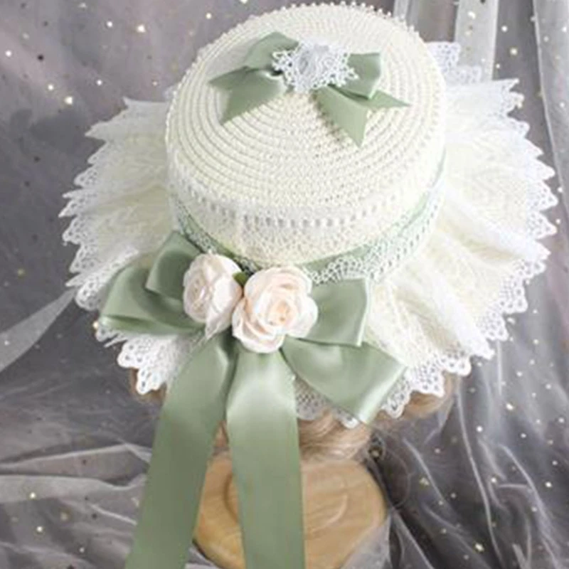 

Sweet Girls Summer Sun Hat with Ribbon Bowknot Handmade Straw Hat Lolita Hat Sun Hat for Afternoon Tea Pastoral Party