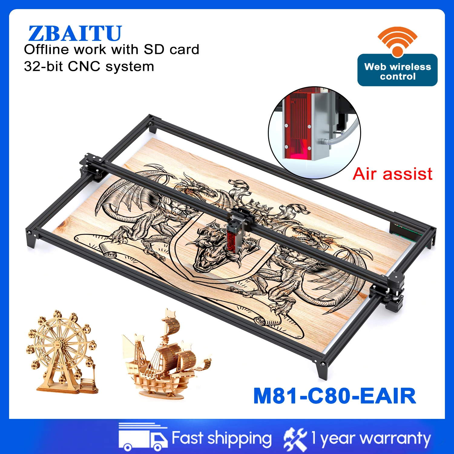 ZBAITU Desktop Laser Engraving Machine Engraver Frame with Laser Head Air Assist Nozzle 80W 40W Mark Printer Cutter Woodworking
