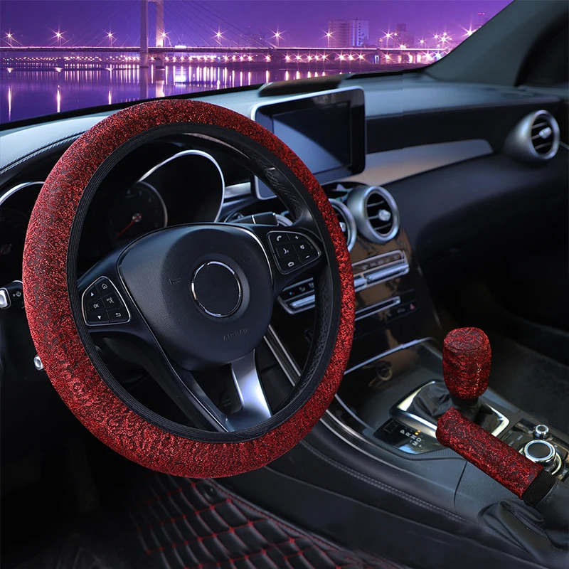 

3PCS/Set Car Steering Wheel Cover Handbrake Gear Shift Cover 4 Colors Girl Woman Braid on The Steering Wheel Breathable Fabric