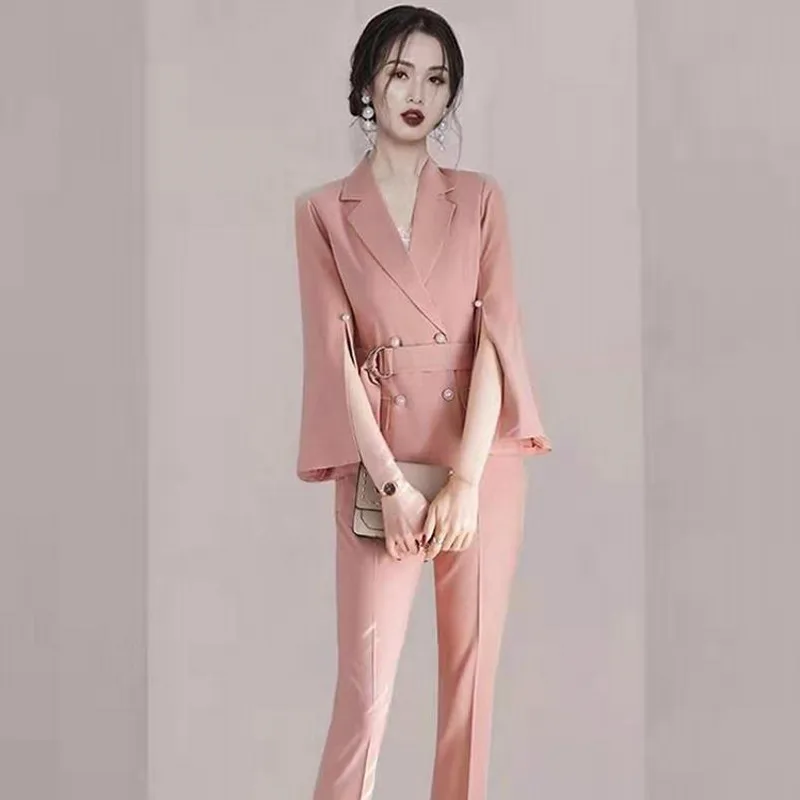 

Runway Korean Office OL Work Two Pieces Set Women's Clothing Notched Blazer Elegant Top With Belt + High Quality Silm Pants Suit
