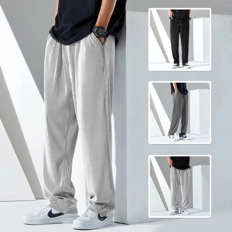 

Популярные летние новые свободные брюки из ледяного шелка, мужские драпированные длинные брюки, повседневные мужские прямые брюки с широки...