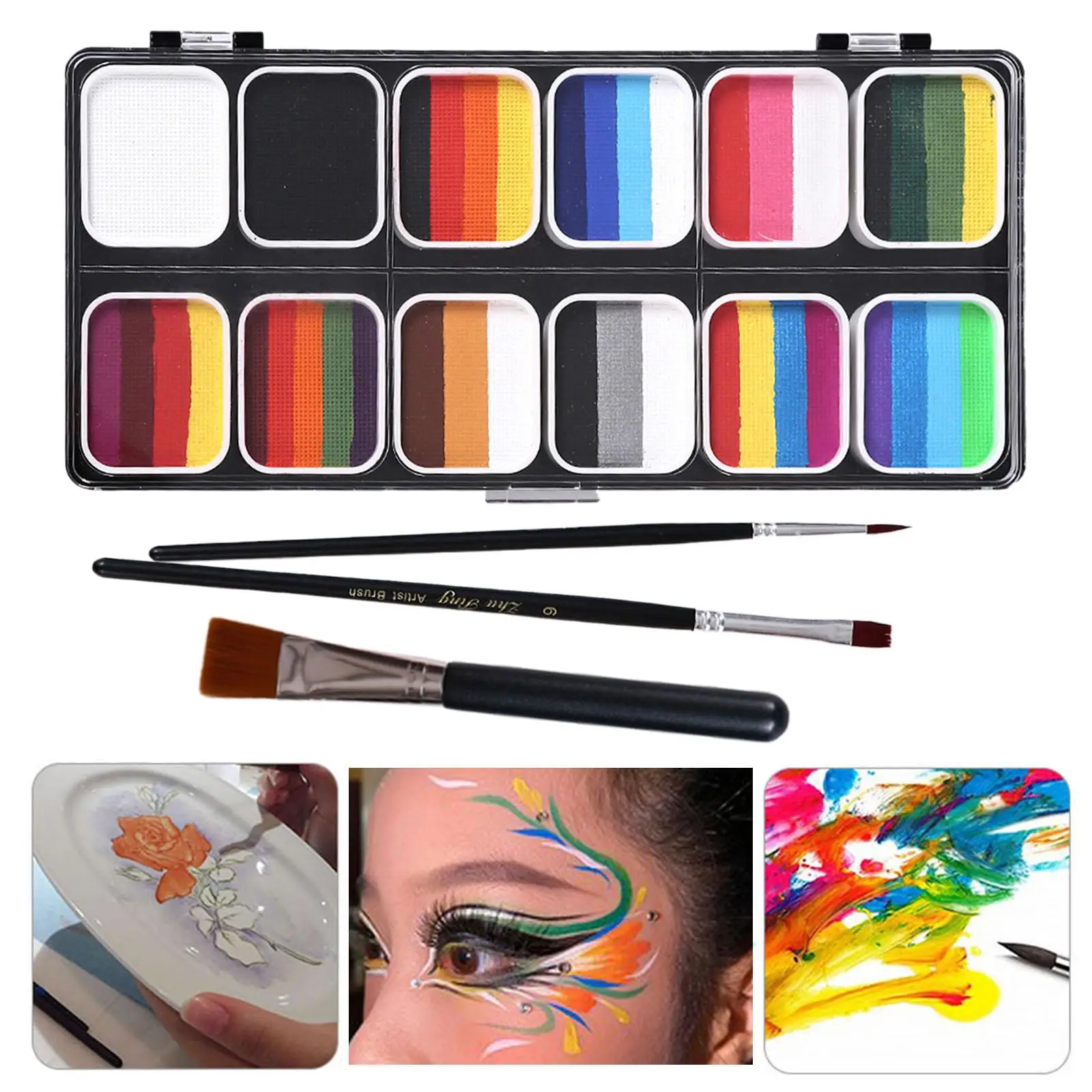 

Face Body Paint Set with 3 Brushes Photo Prop Palette Painting Palette Face Paint Pigment for Adults Cosplay Kids Dancing Events