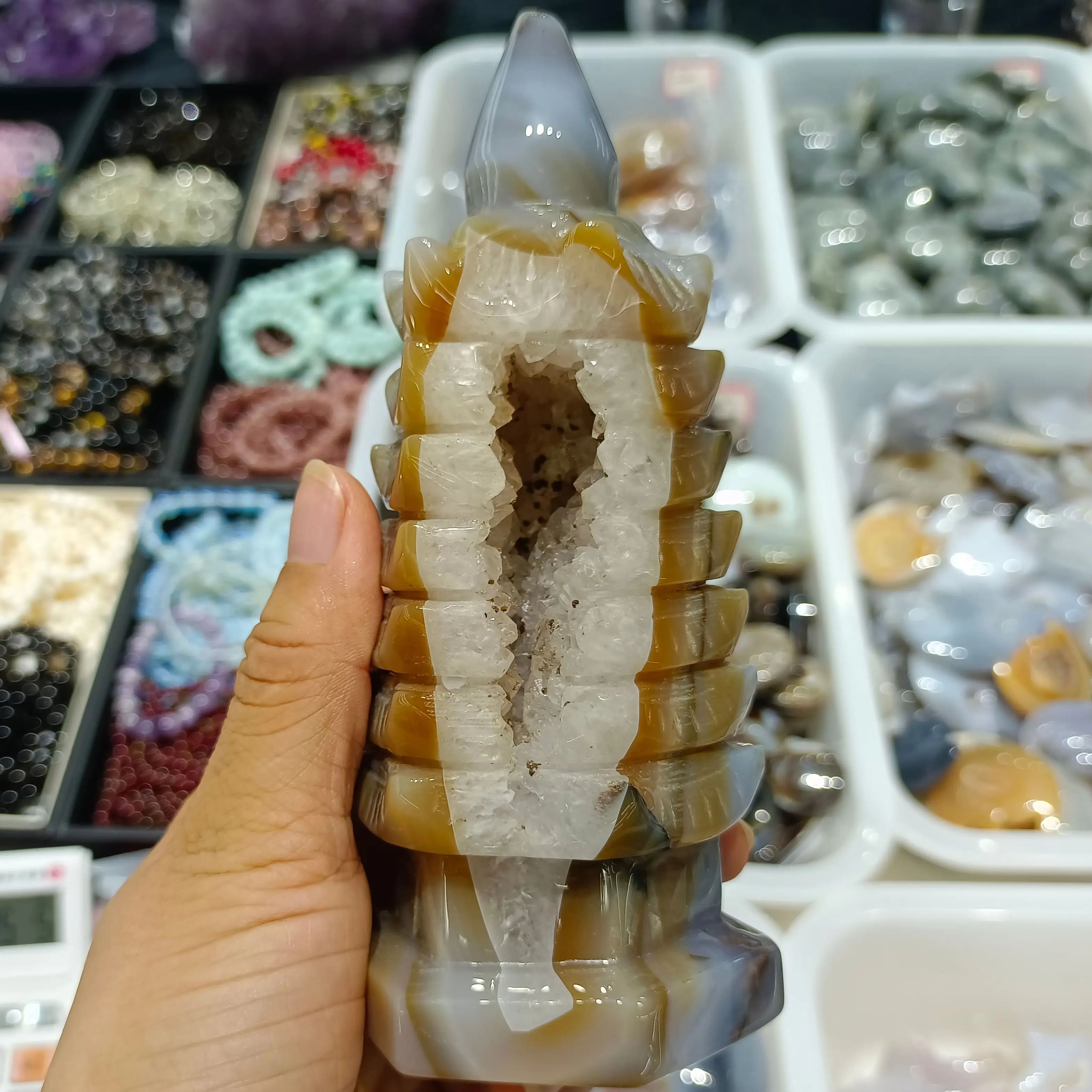 

Natural Agate Geode Stone Hand-Carved Wenchang Tower Crystal Energy Healing Home Office Decoration Craft Gifts Mineral Reiki Orn