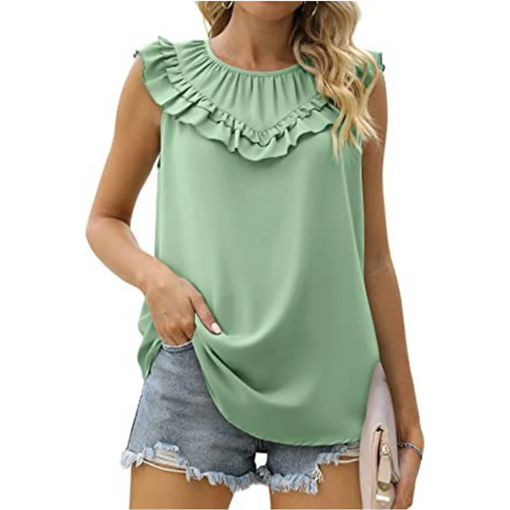 

2023 New Summer Elegant O Neck Splicing Soild T-Shirt Ladies Casual Loose Sleeveless Tees Sweet Style Pleated Women's Party Tops
