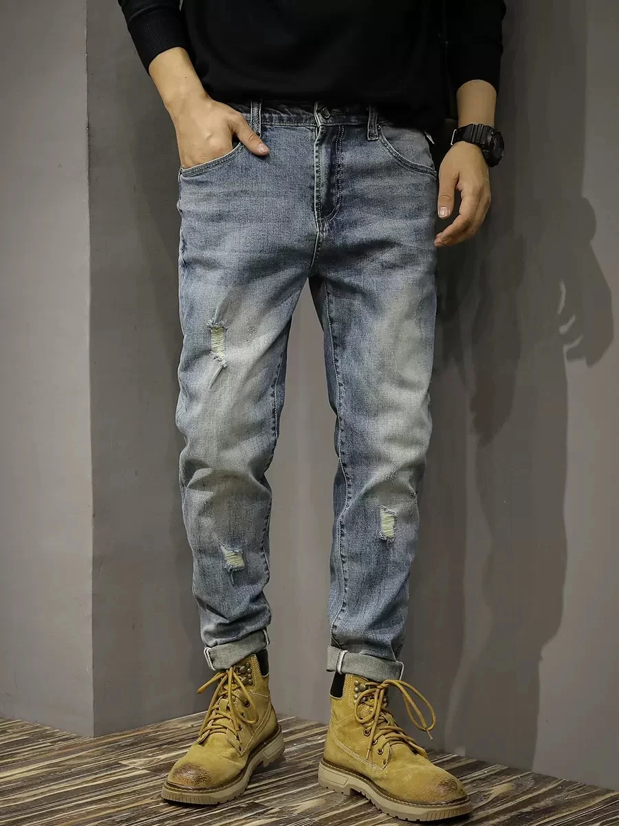 Newly Vintage Fashion Men Jeans Retro Blue Stretch Slim Fit Hole Ripped Jeans Men Trousers Casual Designer Denim Pants Hombre