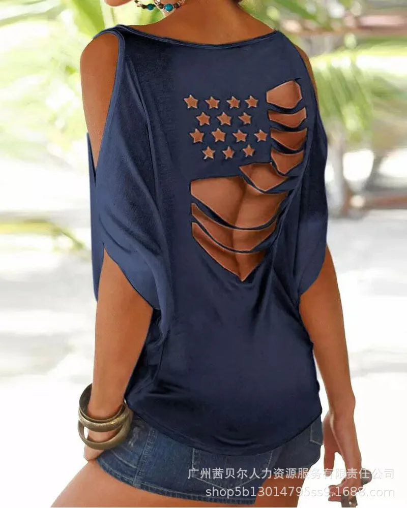 

Cutout Back Cold Shoulder Top Hollow Out Short Sleeve Loose T Shirt Tee Tshirt Summer Casual Fashion Solid Color Sexy