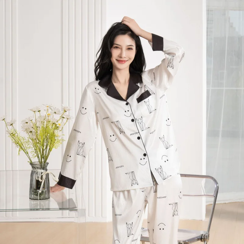2023 Spring and Autumn New Pajamas Women's Ice Silk Long Sleeve Trousers Suit Cartoon Kitten Smiley Homewear Suit
