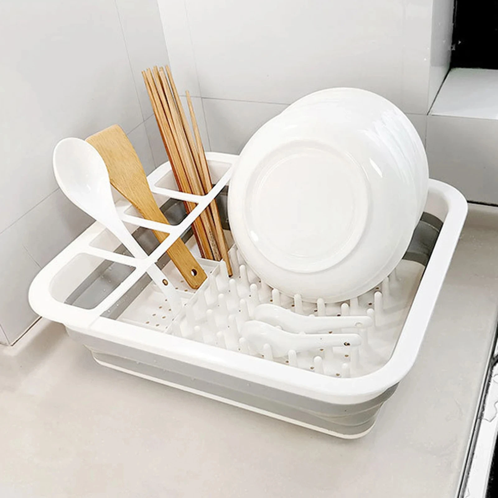 

Foldable Dish Rack Kitchen Drainer Tool Bowl Tableware Plate Storage Organizer Holder Portable Fold Drying Home TPR Rack Shelf