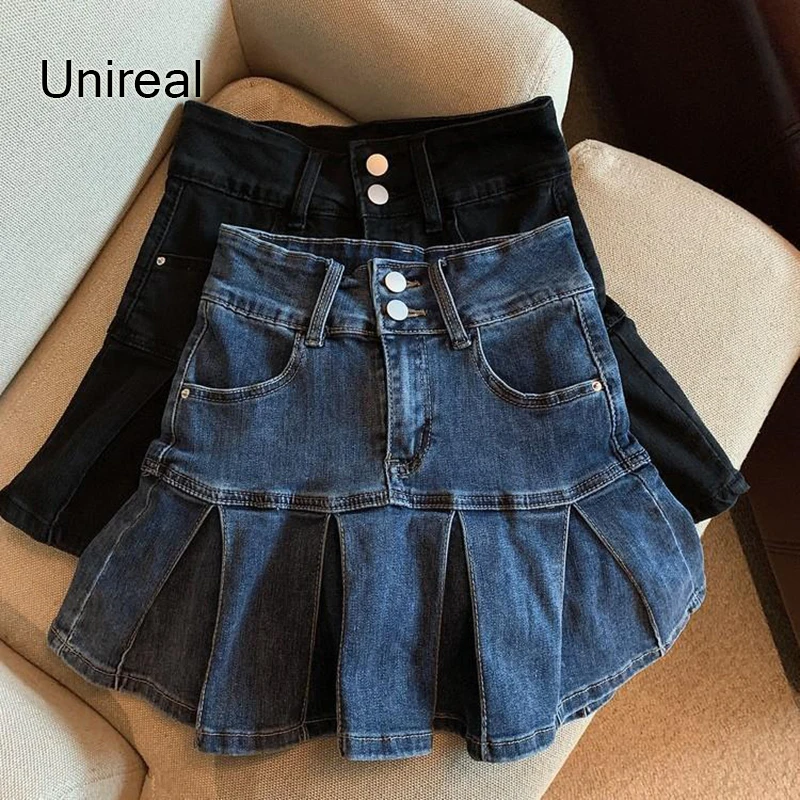 

Unireal 2022 Summer Women Pleated Denim Shorts Skirt High Waist Casual Fashion Black Ruffles Mini Jeans Skirt Bottoms