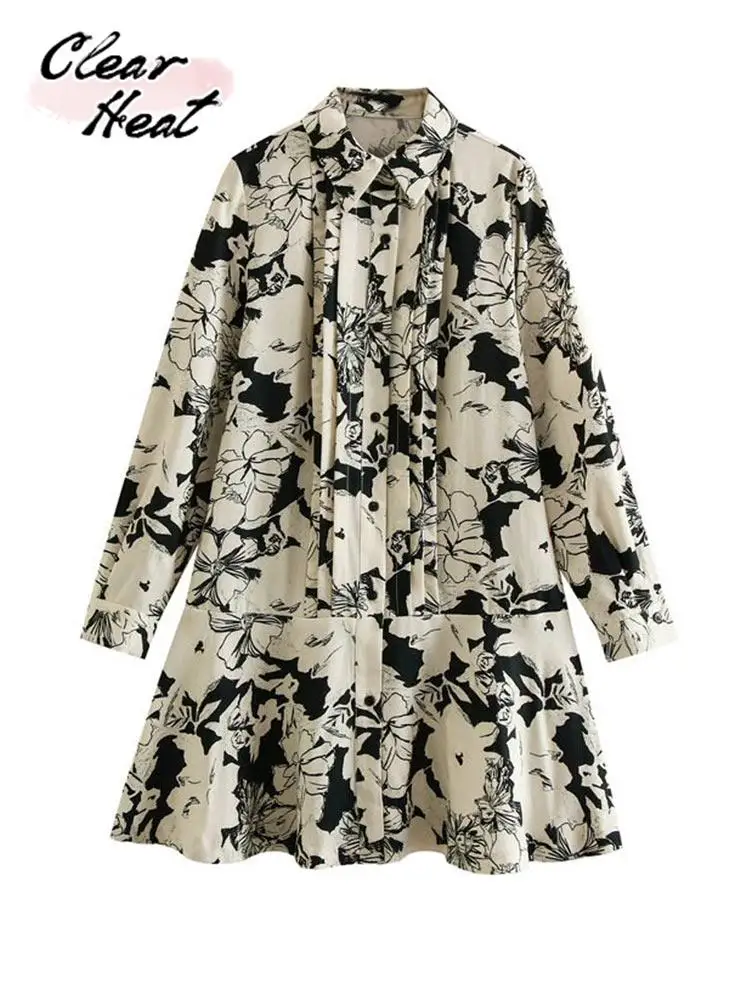 Женское Плиссированное мини-платье с цветочным принтом, модная рубашка с длинным рукавом и воротником-стойкой, Летние повседневные наряды