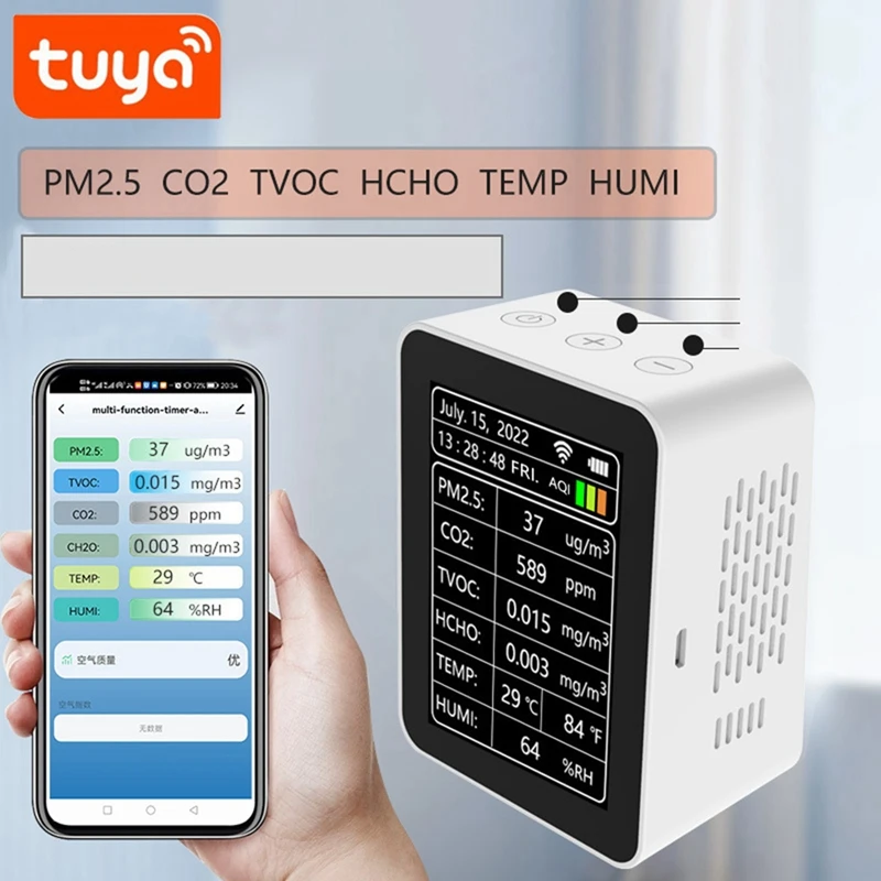 Умный детектор качества воздуха Tuya Wi-Fi 7 в 1 температуры и влажности PM2.5 CO2 TVOC HCHO