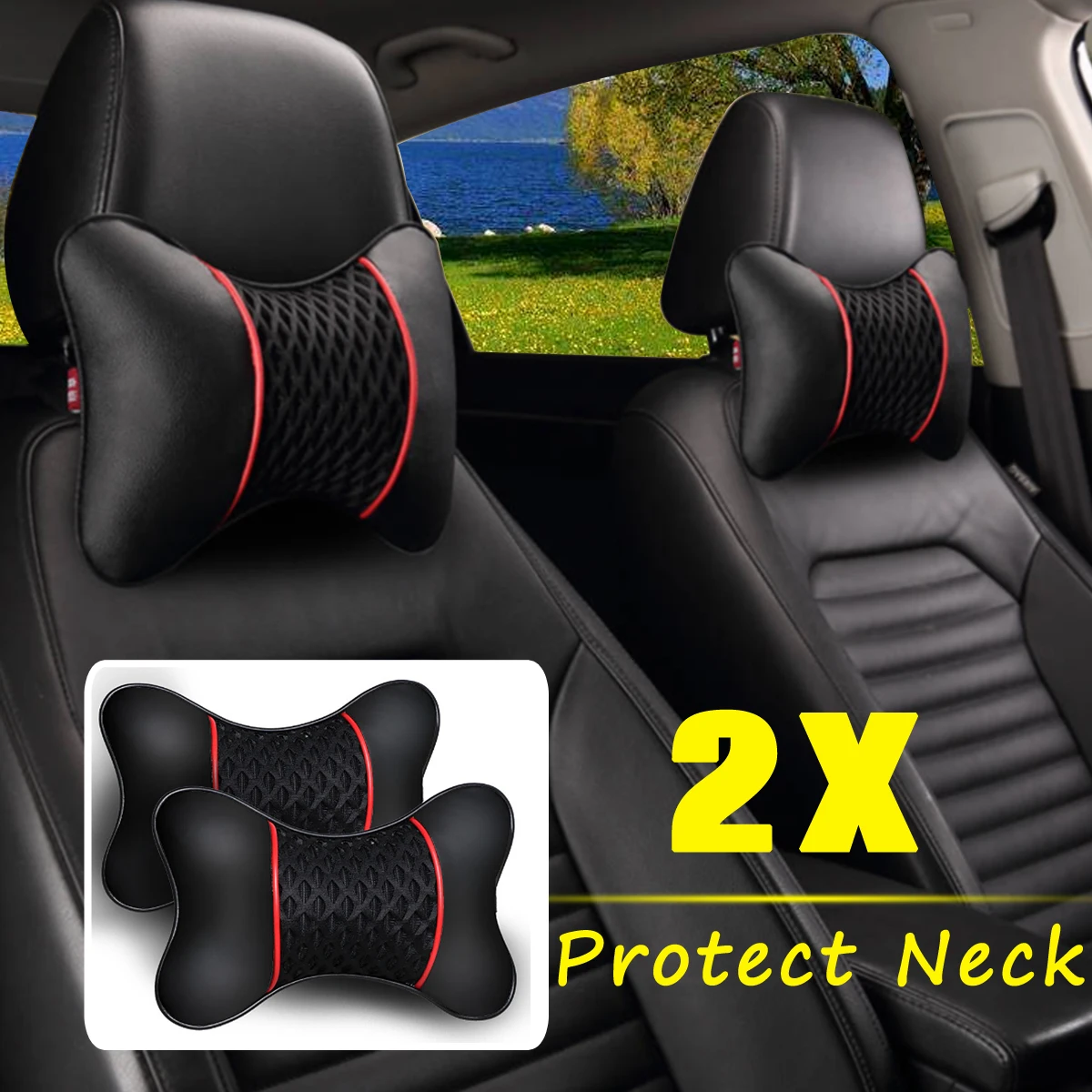 

2Pcs PU Leather Knitted Car Pillows Headrest Neck Rest Cushion Support Seat Accessories Auto Black Safety Pillow Universal Decor