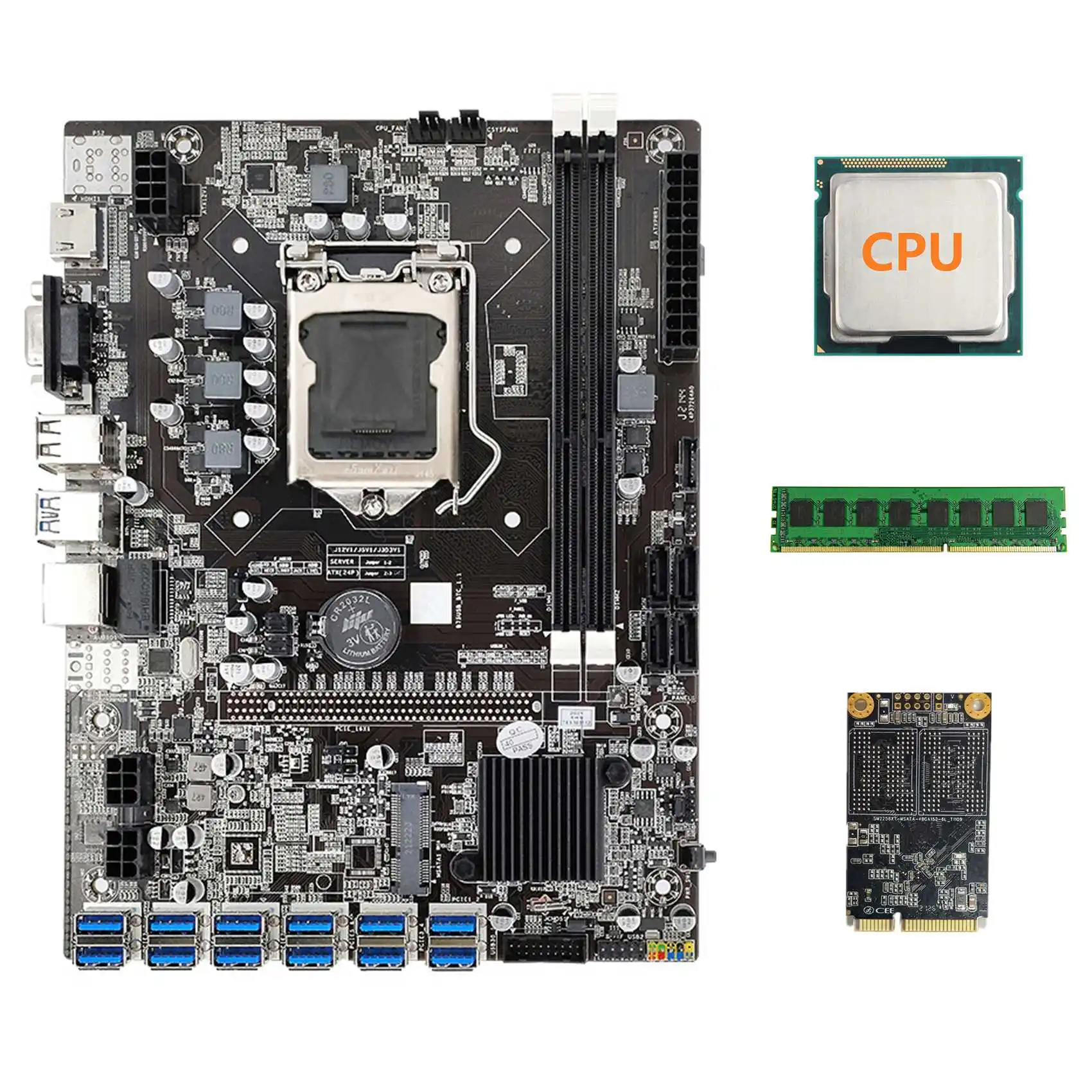 

Материнская плата B75 BTC для майнинга 12 PCIE на USB3.0 + случайный ЦП + DDR3 4 Гб 1600 МГц ОЗУ + 128G MSATA SSD B75 USB материнская плата для майнинга