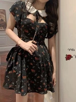 houzhou floral dress sexy hollow out mini dress summer 2022 kawaii sweet black preppy style puff sleeve boho holiday outfits