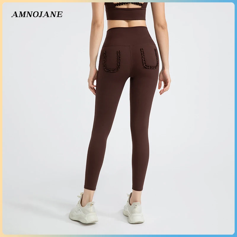 

Leggings Women Yoga Pants Pockets Tights Women For Gym Legging Push Up Sportlegging Brown Pink Active Wear Sport Clothes