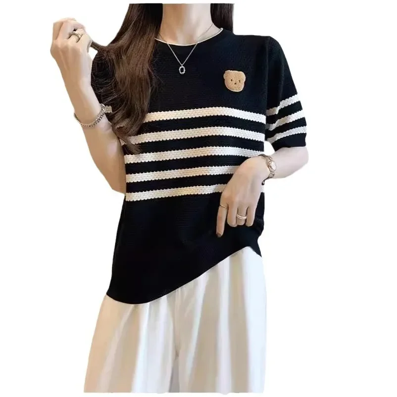 Новый летний мужской укороченный вязаный топ в полоску с круглым вырезом для