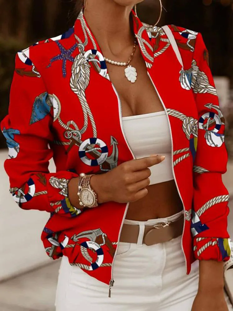 Women's Flower Print Long Sleeve Bomber Jacket Spring Autumn Fashion Casual Zipper Coat Tops Elegant Slim Ladies Jackets Coats