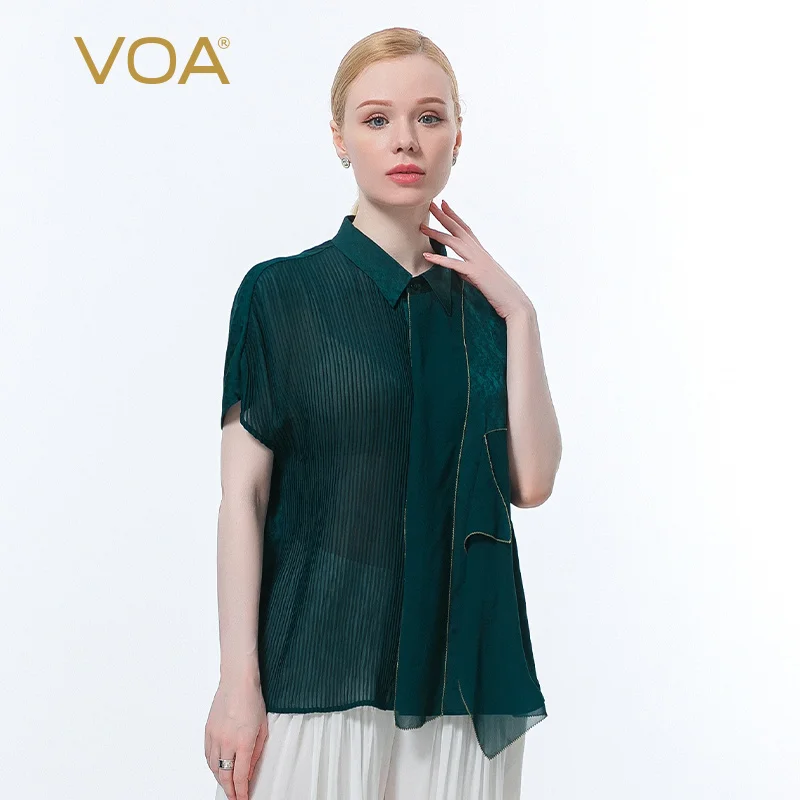 

VOA Silk Jacquard Peacock Green POLO Collar Short-sleeved Shirt with Asymmetric Wrinkle Design Shirts Womens Tops BE653