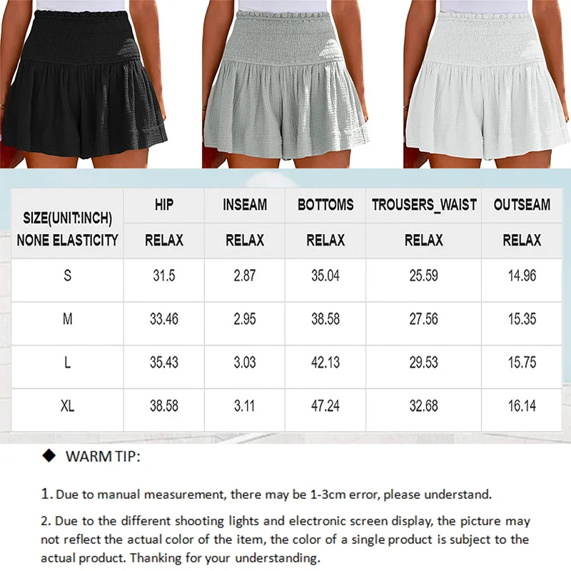 New Casual Comfortable Pleated Shorts Women's Ruffle Pure Color Beachwear Loose High Elastic Waist Wide Leg A-Line Shorts Skirts