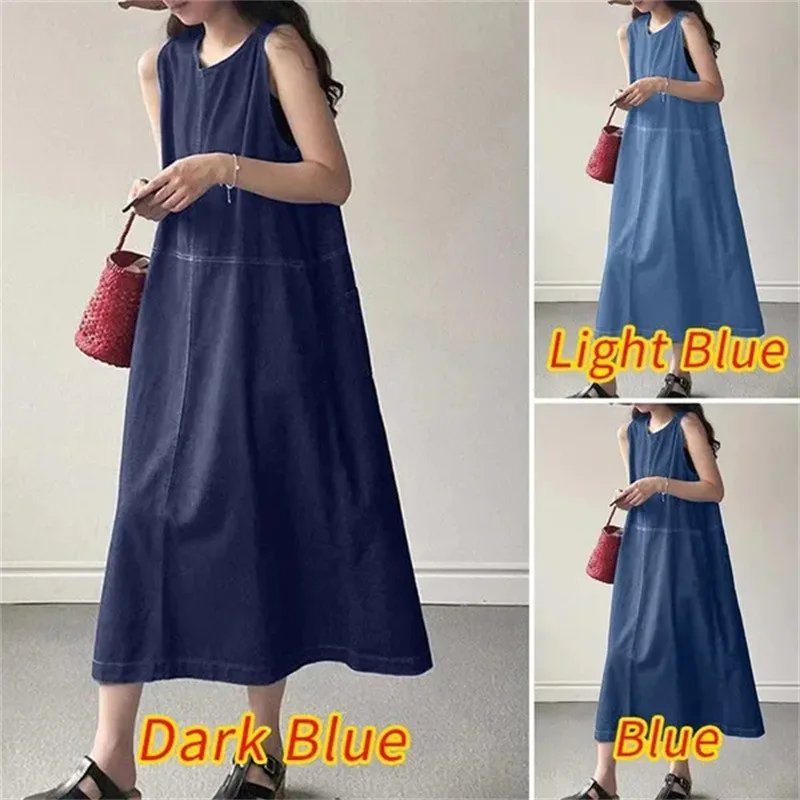 

Fashion Long Dress Round Neck Cuffless Temperament Patchwork Vest Denim Dress Woman