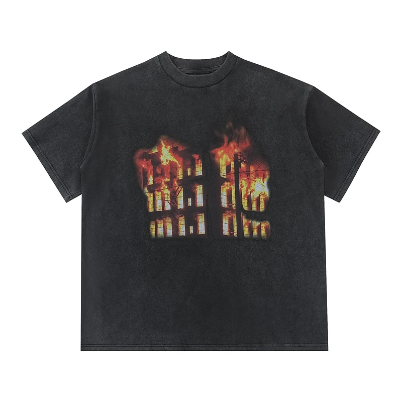 

Vintage Nice Washed Fire Tower Print T-Shirt Men Women T Shirt Tops Tee