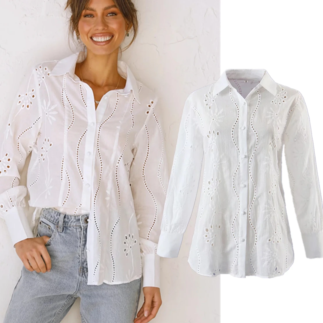 

Maxdutti 2022 Summer Indie Folk Vintage Lace Embroidery Fashion Blouse Women Pure White Cotton Casual Shirt Tops