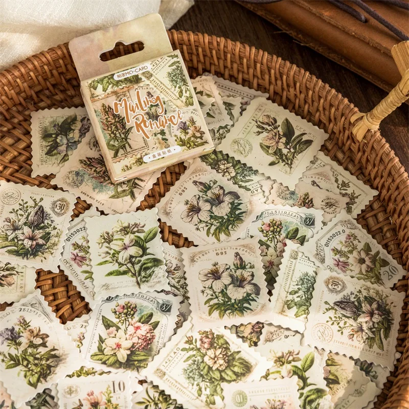 

45PCS Vintage Flower Stamp Small Sticky Sticker Aesthetic Decoration Scrapbooking Korean Stationery Scrapbooking School Supplies