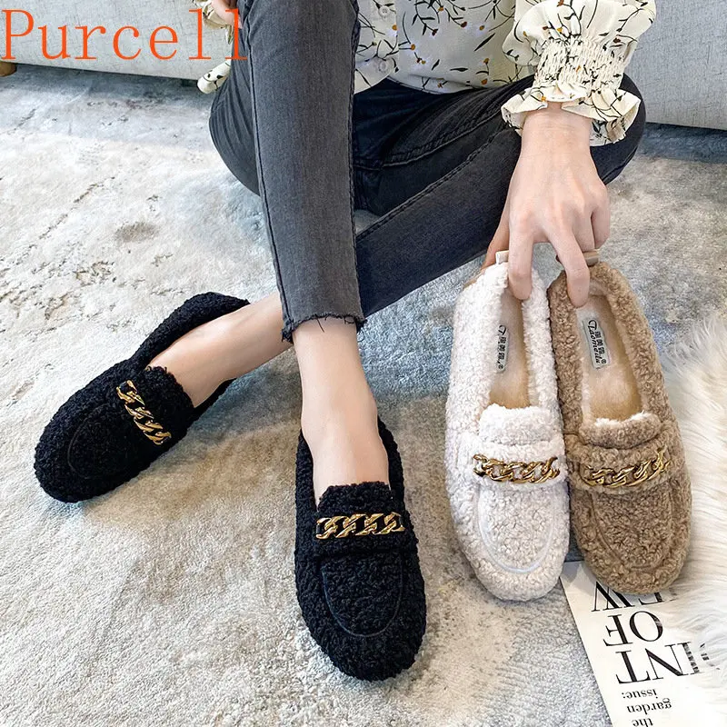 women's winter plush shoes Fashion chain round head design Outdoor leisure warm snow boots plus size loafers 41-43