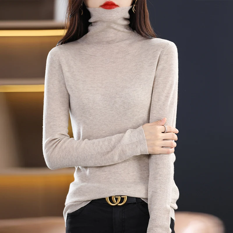 

Весенний вязаный свитер из чистой шерсти с высоким воротом, Модный облегающий пуловер, однотонный топ с длинным рукавом