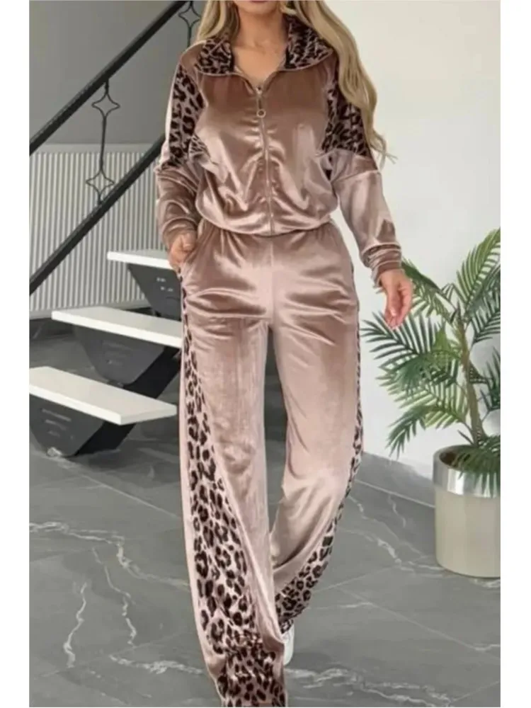 Фото Осень 2021, модный женский комплект из двух предметов, леопардовый принт, прямые брюки с длинными рукавами и лацканами на молнии, женский костюм, повседневная одежда, женский №3