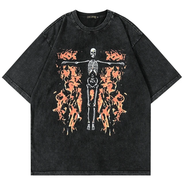

Wash 100% Cotton Tshirt Streetwear Vintage Skeleton Print Punk Gothic Washed T-shirt Harajuku Fashion Casual Tee Tops