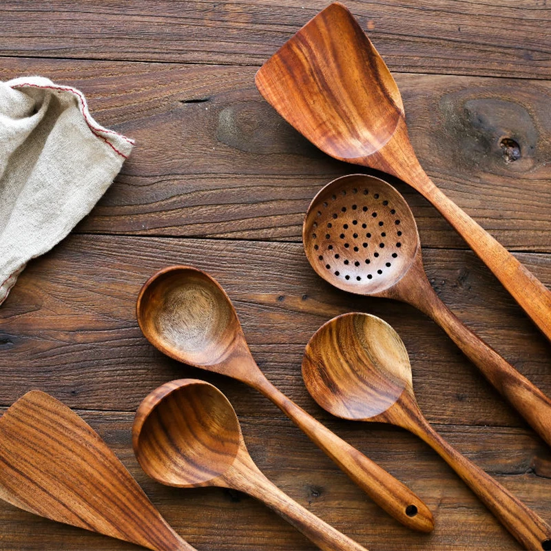

Набор Посуды Из Натурального Тикового Дерева, столовая посуда, ложка, антипригарная специальная лопатка, деревянная сковорода, столовая посуда