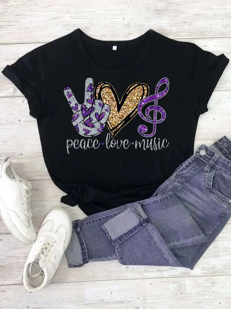 

Maycaur New Peace Love Music Women Tops Cartoon Graphic Printed T Shirt Fashion O-neck Woman Clothes Causal Female Tshirts Tees