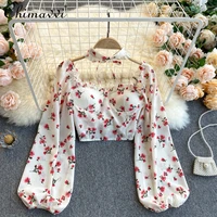 womens sweet floral puff sleeve fashion short shirt 2022 summer new wooden ear halter lace up chiffon blouse for female