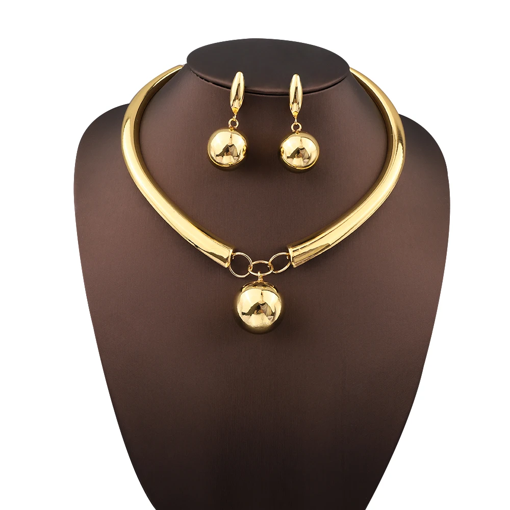 

Dubai Simple Gold Color Ball Shape Pendant Necklace Charming Earrings Jewelry Set African Brazilian Women Wedding Birthday Gift
