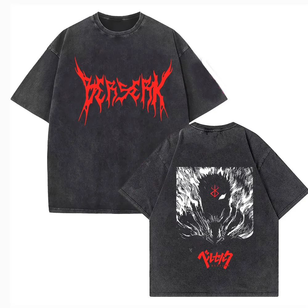Фото Футболка с изображением аниме Berserk Guts Acid, винтажные потертые футболки с рисунком, мужские хлопковые футболки в стиле Харадзюку, повседневные футболки с короткими рукавами, топы унисекс, мужские №2