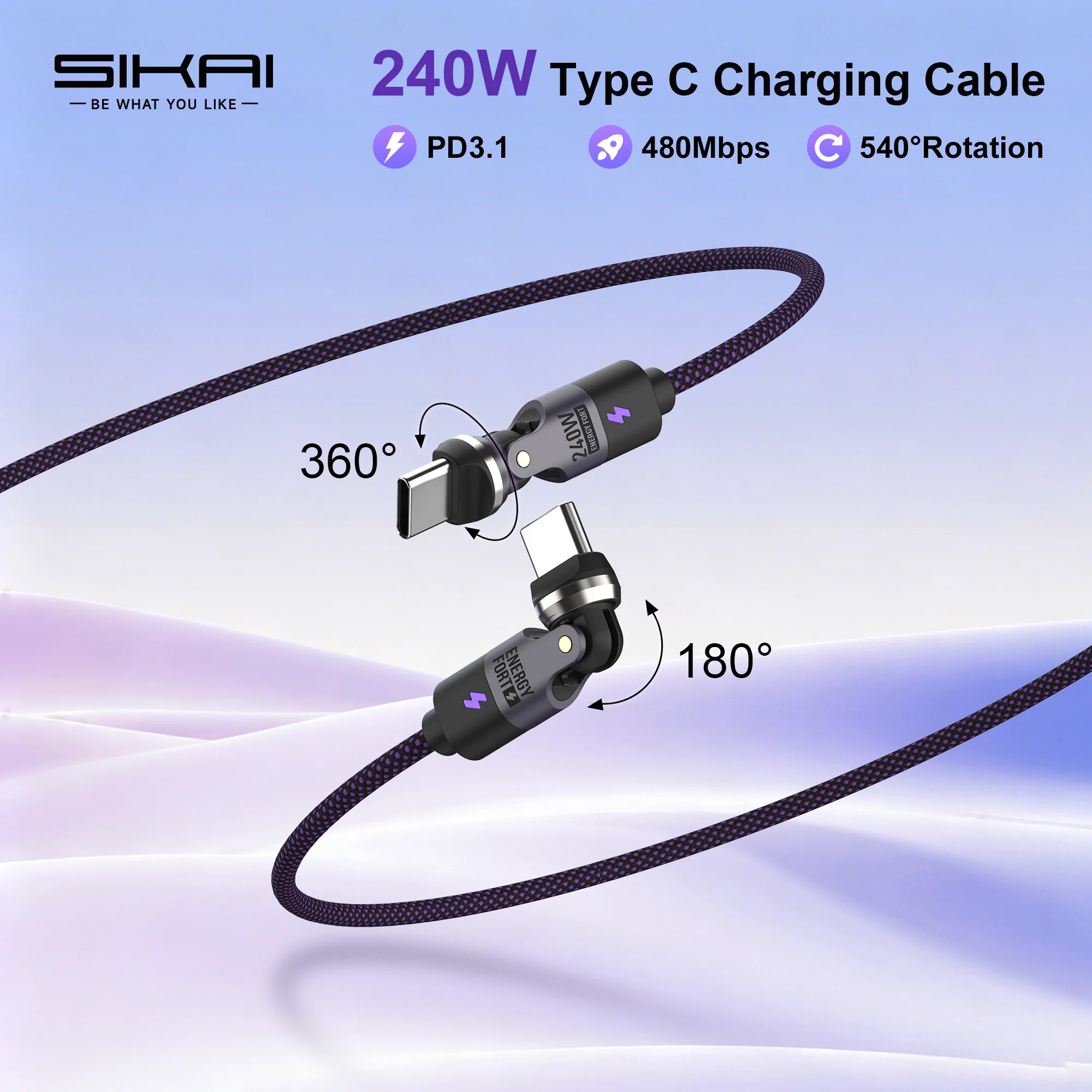 Фото 540 °   Вращающийся кабель USB-C на Type-C для быстрой зарядки 240 Вт, конвертер Type-C для Macbook, iPhone 17, Samsung S25 №1