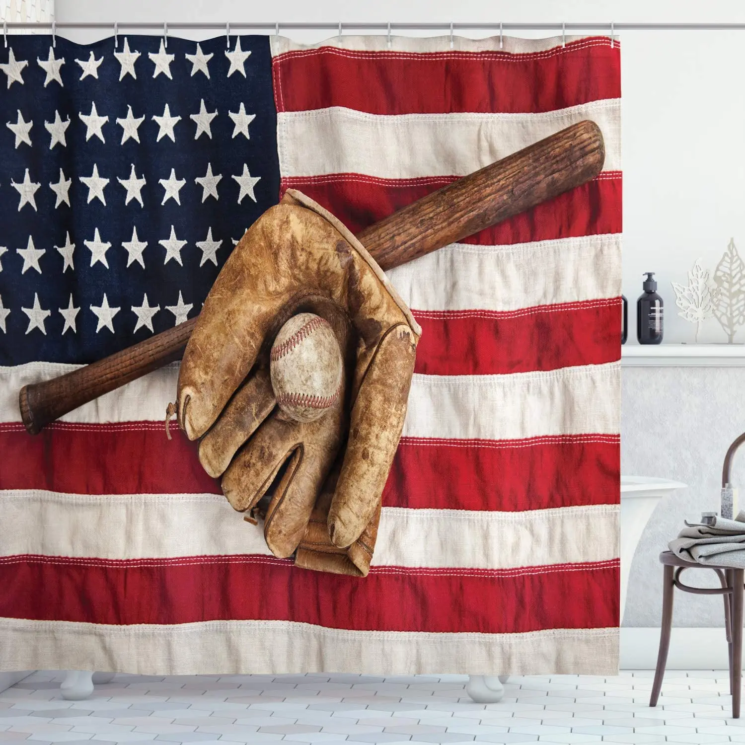 

Baseball Shower Curtain, Vintage Baseball League Equipment USA Grunge Glove Bat Fielding Sports Theme, Cloth Fabric Ba