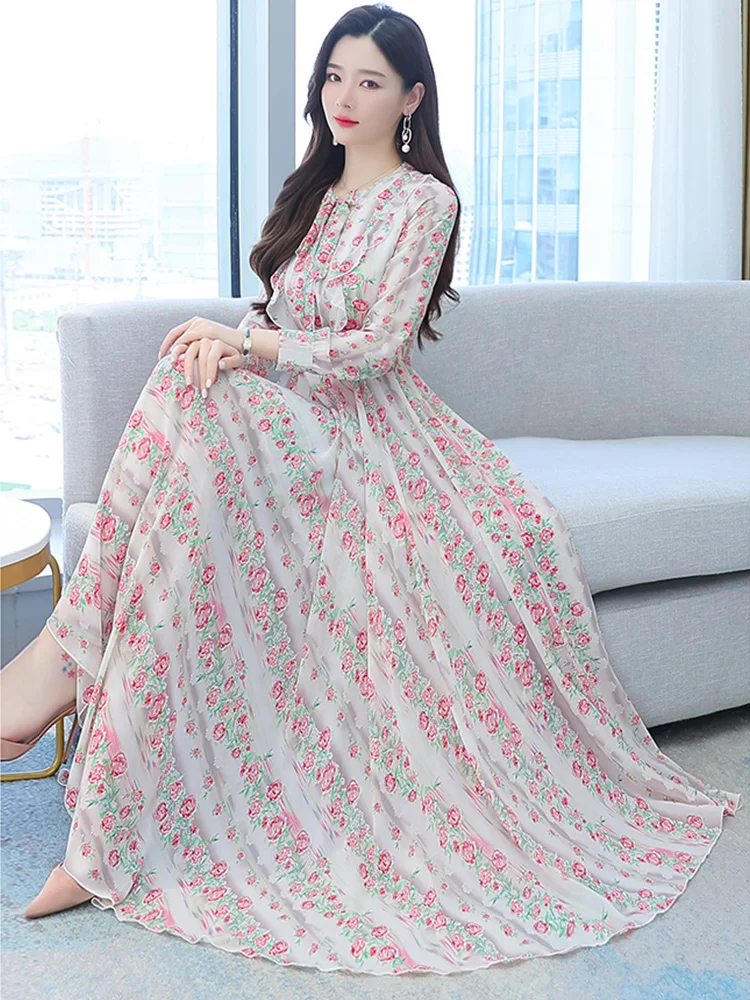 

2023 Red Floral Chiffon Long Sleeve Maxi Dress Blue Spring Autumn Tunics Beach Casual Dresses Women Elegant Bodycon Prom Fashion