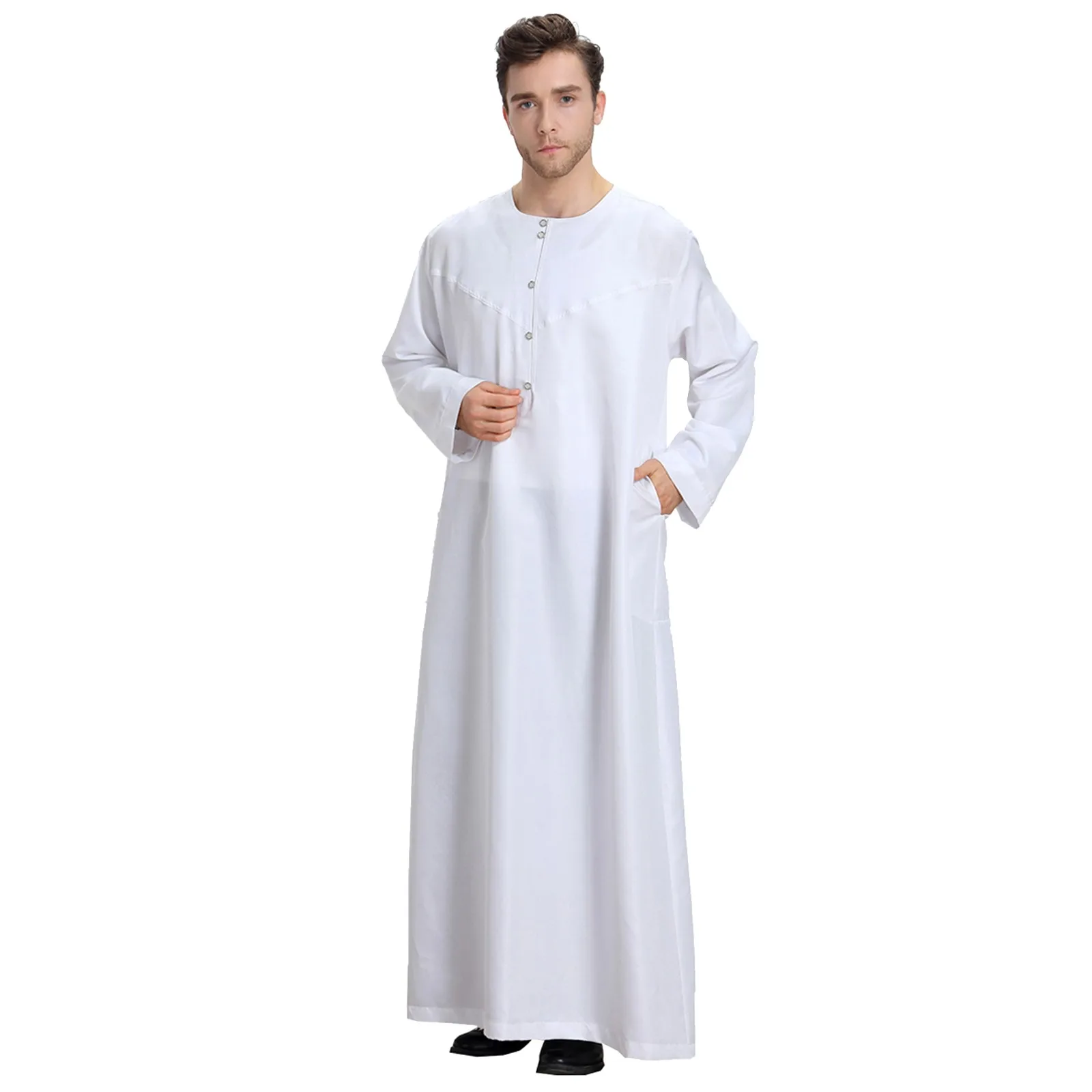Men's Casual Muslim Arab Middle Solid Color Round Neck Long Sleeve Robe Pullovers Baggy