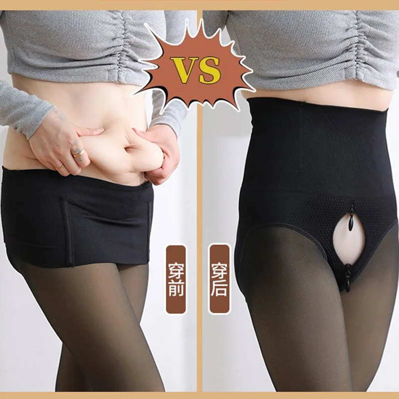 Invisible zipper open crotch tights pantyhose Female autumn winter warm high waist knitted leggings