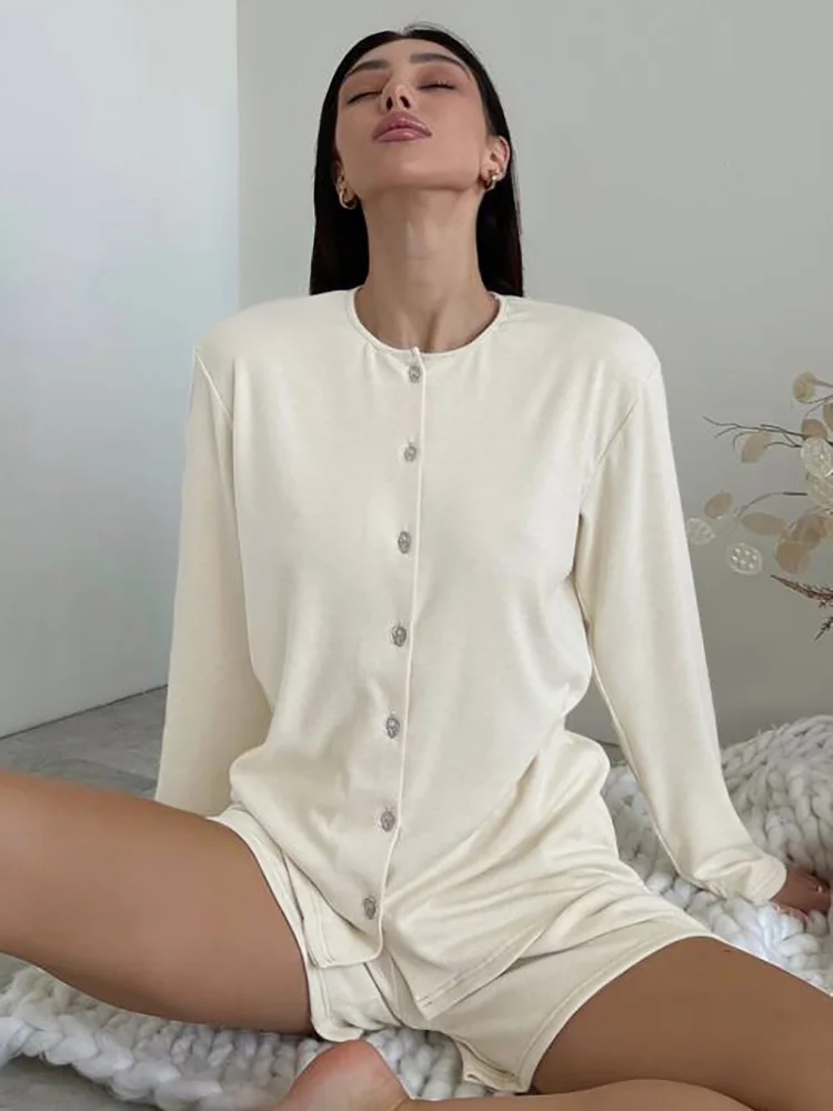 

Knitted Women's Home Clothes 2 Piece Sets O Neck Long Sleeve Pajamas Female Casual Suits With Shorts 2023 Spring Sleepwear