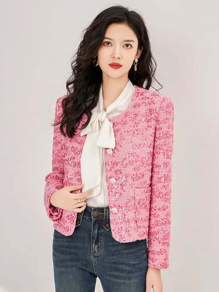 

ZJYT Luxury Sequined Pink Tweed Woolen Jacket for Women 2023 Fashion Autumn Winter Coats Sweet Party Outerwear Veste Femme