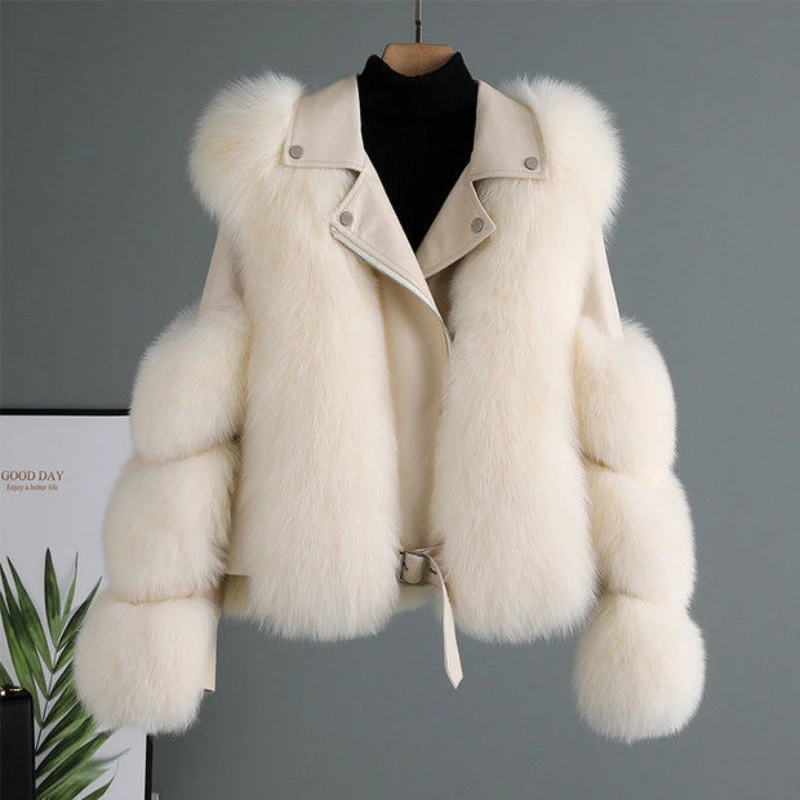 Fake Fox Fur Coats with PU Leather Wholeskin Fake Fox Fur Jacket Outwear Luxury Women 2022 Winter New Jacket Warmer Fur Coats